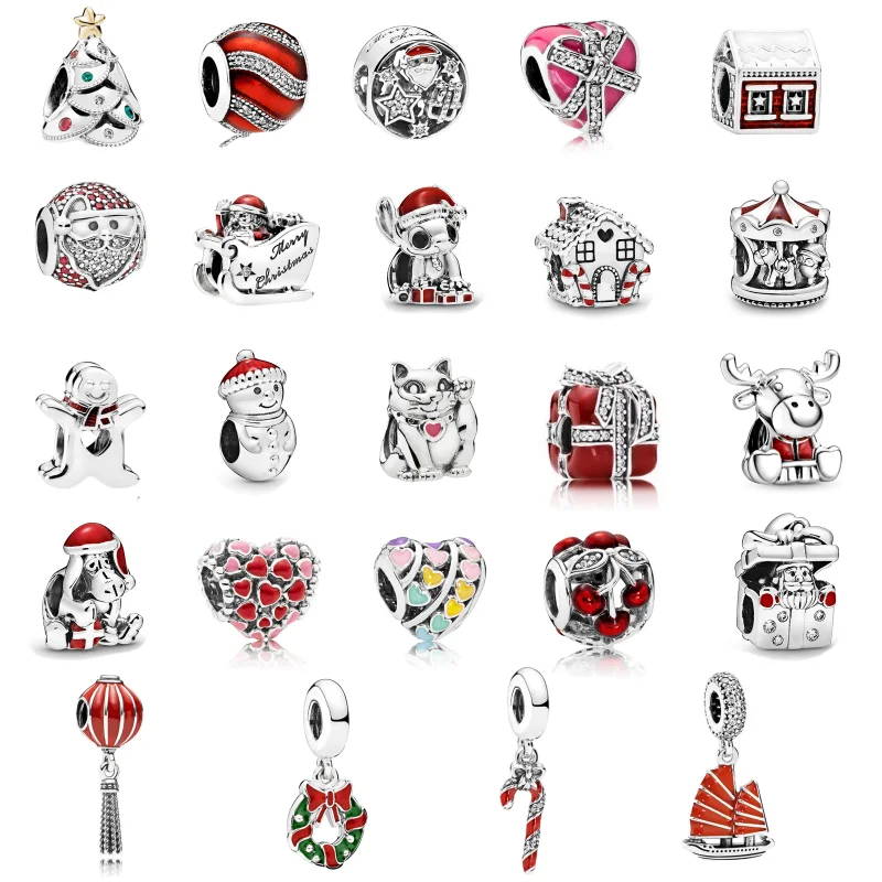 

MC Red Retro Silver Color Red Enamel Christmas Tree Santa Claus Elk Beads Fit Pandora Charm Bracelet For Women XMAS Gift Jewelry