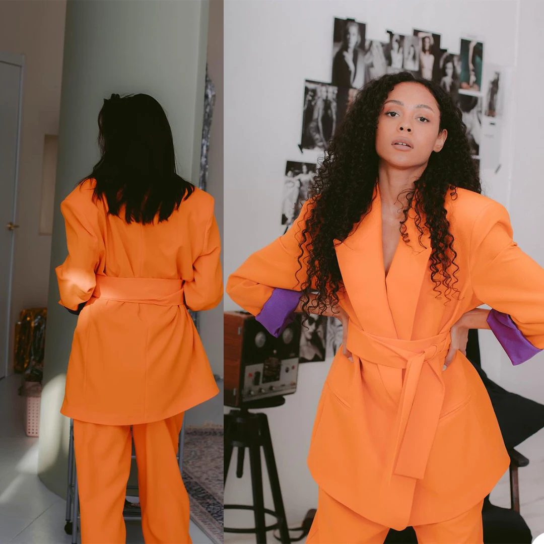 

Тонкий приталенный пиджак для женщин с поясом Брюки Индивидуальные комплекты костюмов Формальные штанишки для вечеринок Сплошной цвет 2 шт.