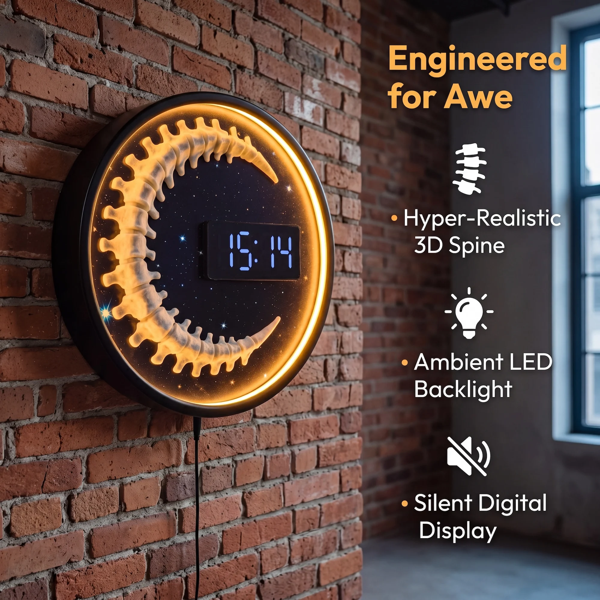 Фото 3D-настенные LED-часы «Полумесяц» с анатомическим изображением позвоночника, светящиеся, в готическом стиле, для декора дома, ночник №4