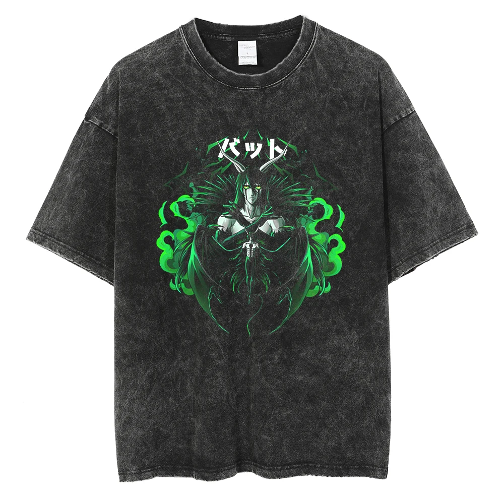

2023 винтажная черная футболка с эффектом потертости, Мужская Уличная одежда в стиле хип-хоп, футболка с рисунком аниме и отбеливающим рисунком, футболка в стиле Харадзюку