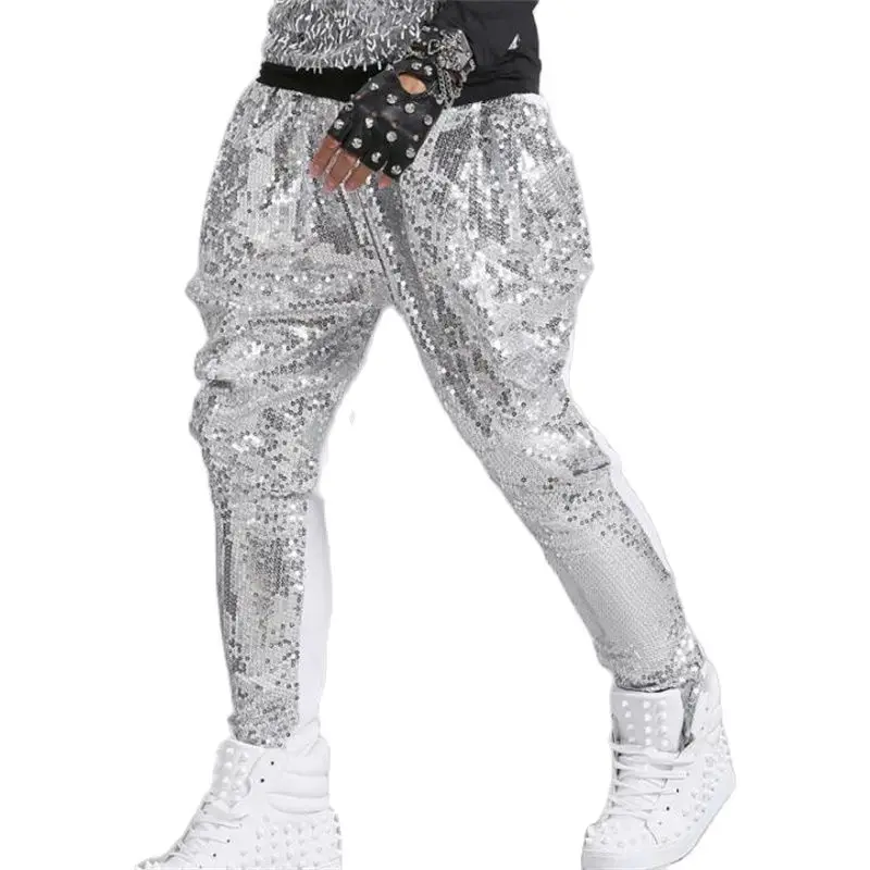 Mens Pants Personality Sequin Harem Feet Trousers Singer Dance Rock Fashion Street Star Style Novelty Silver Black Stage