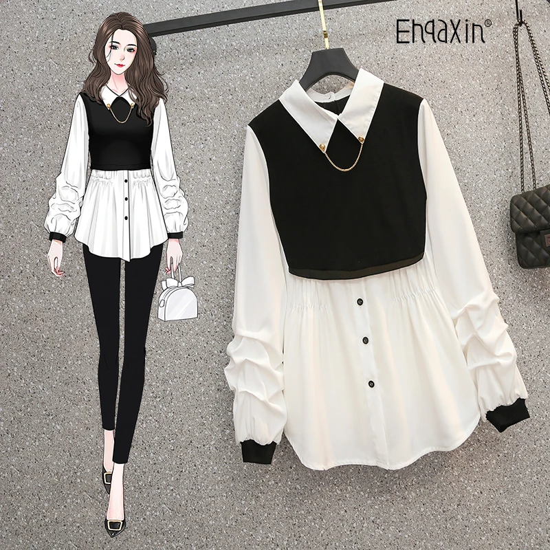 

EHQAXIN White Shirts Womens Design Clothing Spring 2022 Knitted Cotton Patchwork Long Sleeve Fake Two Piece Loose Casual Tops