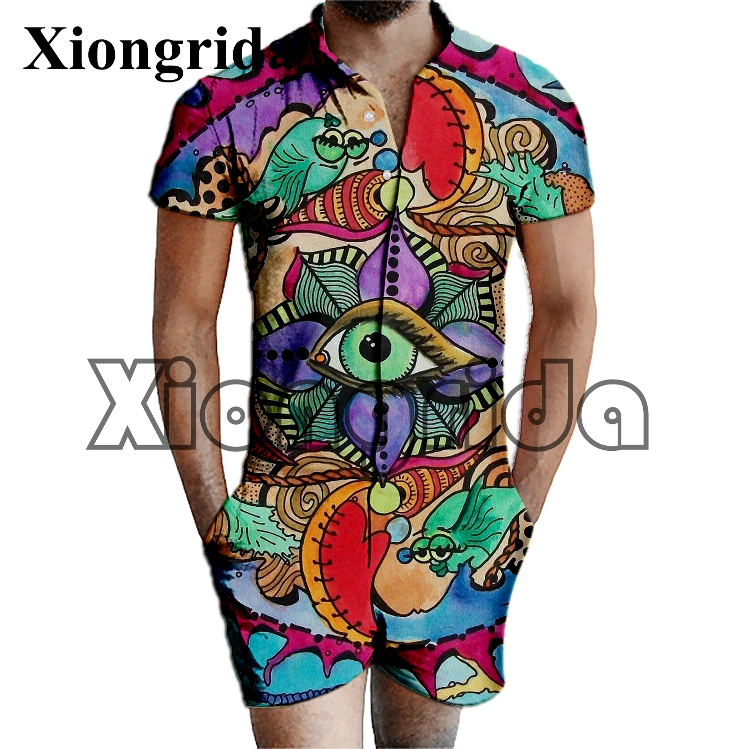 

Men Jumpsuits Hippie Graffiti Rompers Shorts Fashion 3D Playsuit Overalls Casual One Piece Shorts Beach Wear Summer Outfits