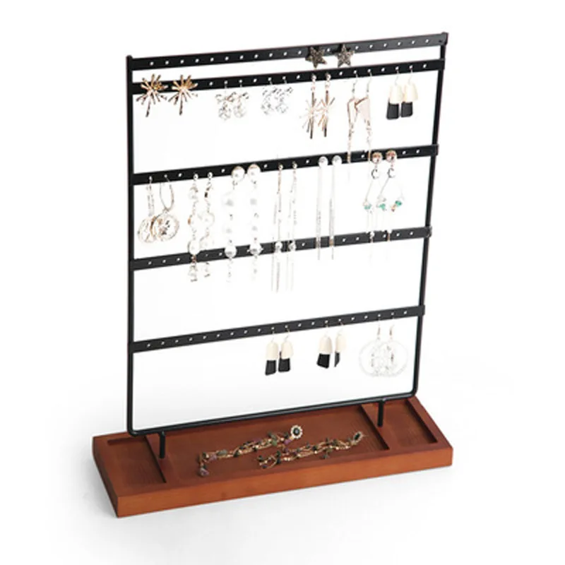 Earrings Organizer Jewelry Display Stand, 3-Tier Earring Holder Rack with Wooden Tray for Earrings Necklaces Bracelets Storage