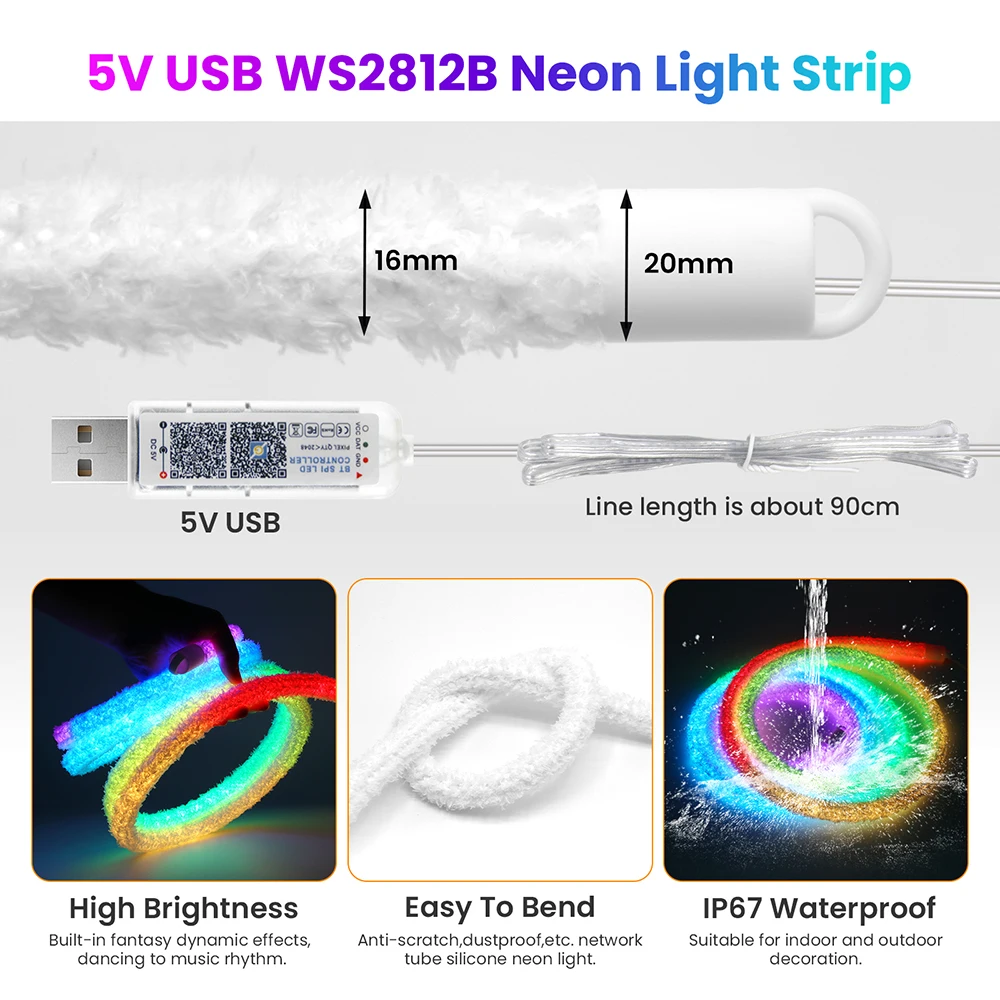 Фото Пушистый бархатный неоновый свет RGB 360 Круглая трубка WS2812B 5 В USB светодиодная лента с 24 клавишами ИК Bluetooth Пульт дистанционного управления Водонепроницаемый домашний декор №2