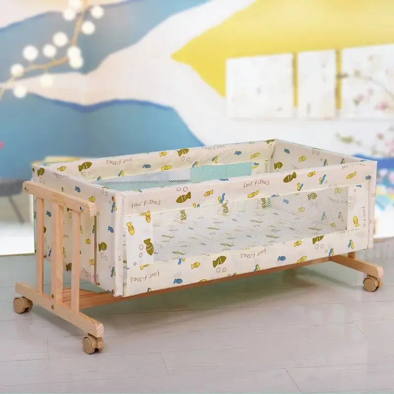 Solid Wood I-Shaped Small-Sized Logs Cradle Bed With Mosquito Net, Simple Baby Crib