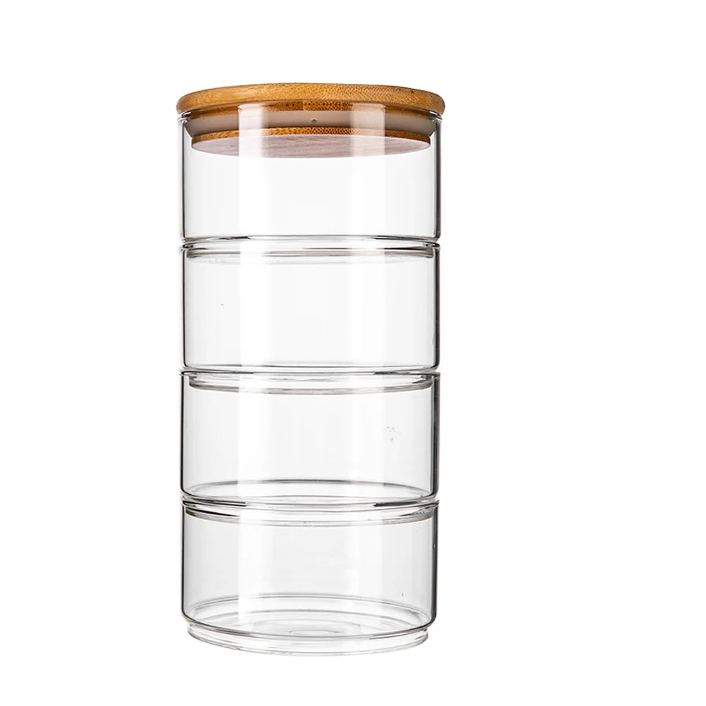 

4 Pcs Jar Fresh Bowl Food Containers Stackable Glass Jars Lids Bamboo Cover Air Tight Canister Cookie