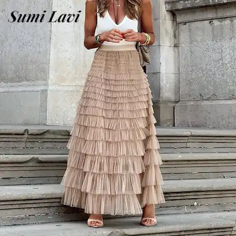 Ladies A-Line Patchwork Mesh Cake Skirt Casual Solid Color High Waist Loose Skirt Women Fashion Ruffled Pleated Long Tulle Skirt