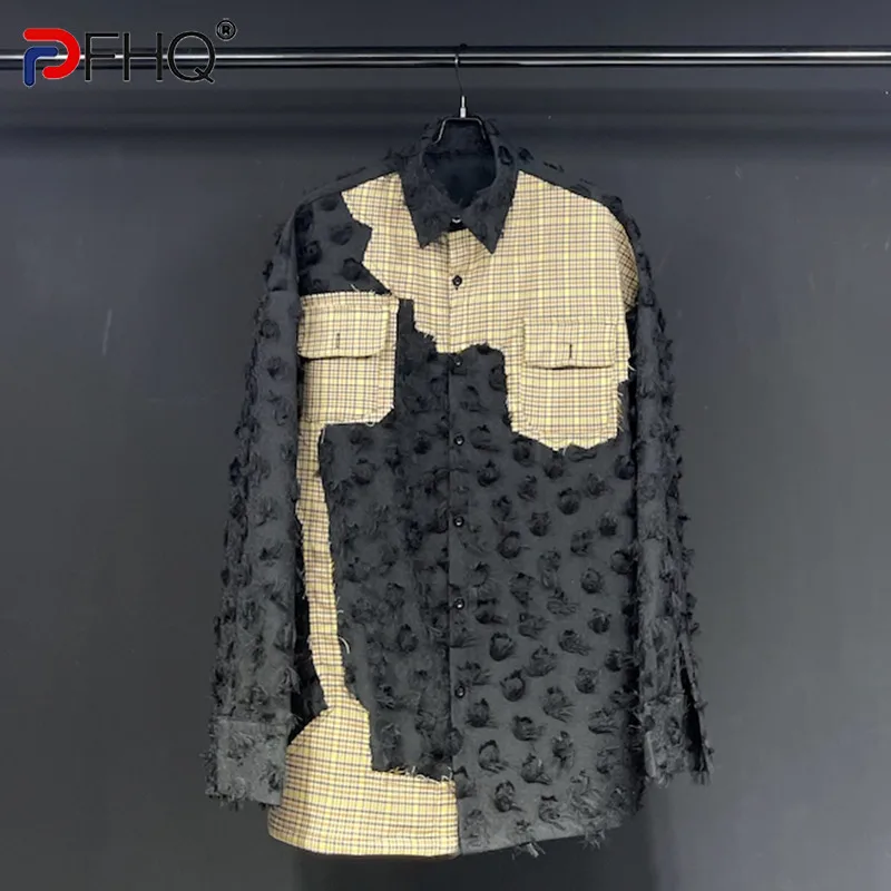 

Новинка Весна 2023 стильные рубашки PFHQ с длинными рукавами и разбитыми отверстиями с заплатками мужские сексуальные повседневные Модные топы высокого качества для мужчин