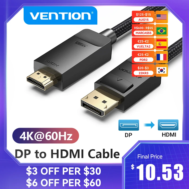 Vention Display Port to HDMI 4K 60Hz DP to HDMI Cable for PC Laptop HDTV Monitor Projector Video Audio Cable DisplayPort to HDMI