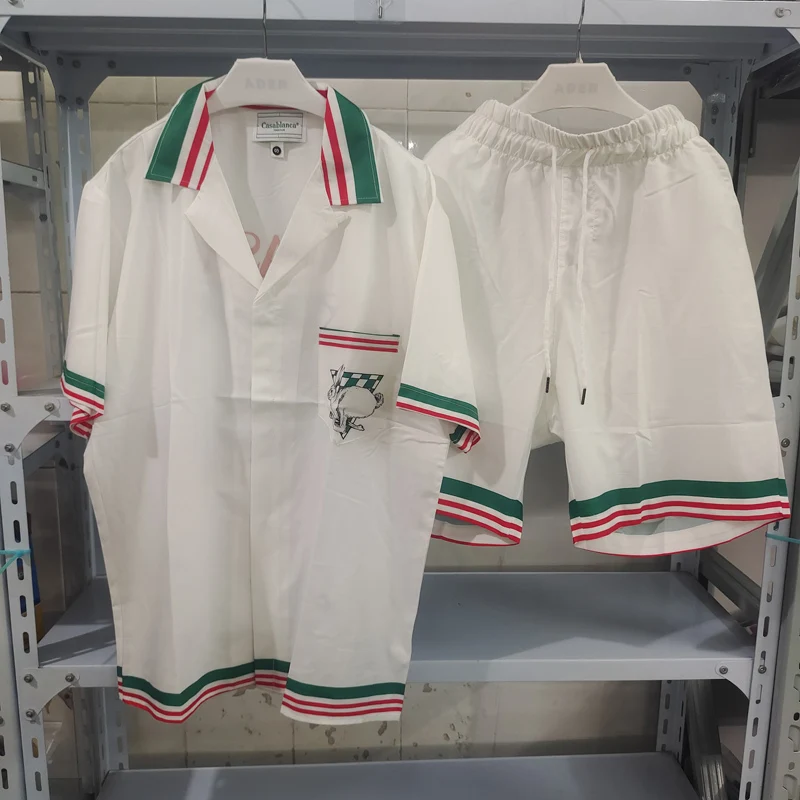 Red Green Plaid Rabbit Print CASABLANCA Shortpant Shirt Set Men Women 1:1 Best Quality Hawaii Beach Seaside Holiday Surf Suit