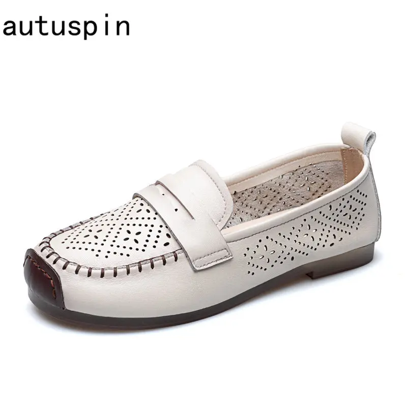 Autuspin Retro Women's Shoes Genuine Leather Flats Summer Breathable Soft Soled Loafers Novelty Leisure Hollow Out Moccasins