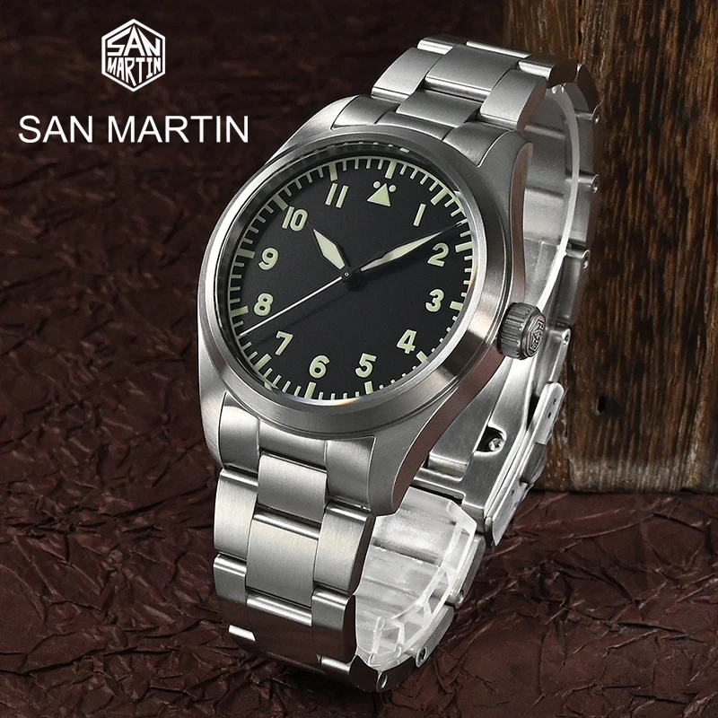 

San Martin Retro Pilot Men Watch 39mm Black Dial NH35A Movement Automatic Self Wind C3 Luminous 200m Waterproof Mechanical Watch