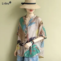 v neck half sleeve button straight loose summer casual shirts fashion print comfortable oversize womens clothing 2022