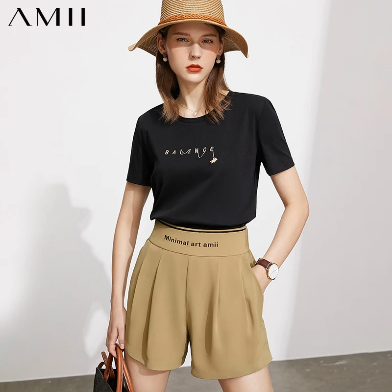 

AMII Minimalism Summer New Women's Short Offical Lady High Waist Pleated Loose Letter Printed Causal Women's Pants 12120090