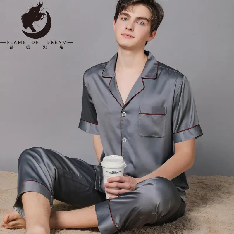 Flame Of Dream New Spring And Autumn Silk Pajamas  Ice Silk Men's Pajamas Home Clothes  Large Suit 221042