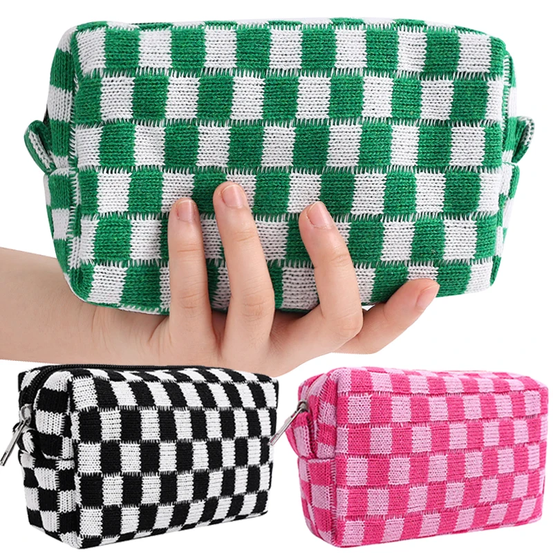 

Checkerboard Lattice Makeup Bag Knitted Fabric Women Cosmetic Organizer Zipper Beauty Pouch Wrist Make Up Pouch Toiletry Case