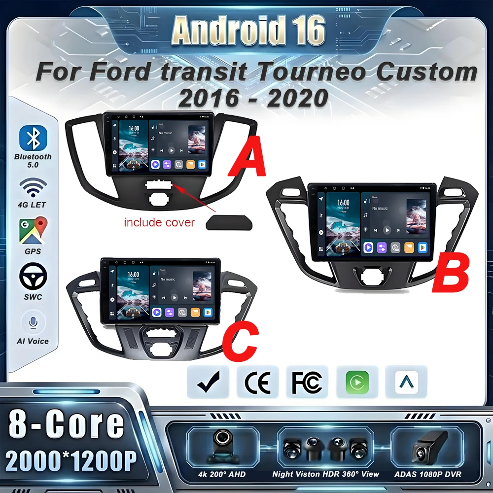 Фото Автомобильный GPS Android 16 для Ford Transit Tourneo Custom 2016-2020 авторадио стерео головное устройство без 2din DVD QLED экран видеорегистратора 5G №1
