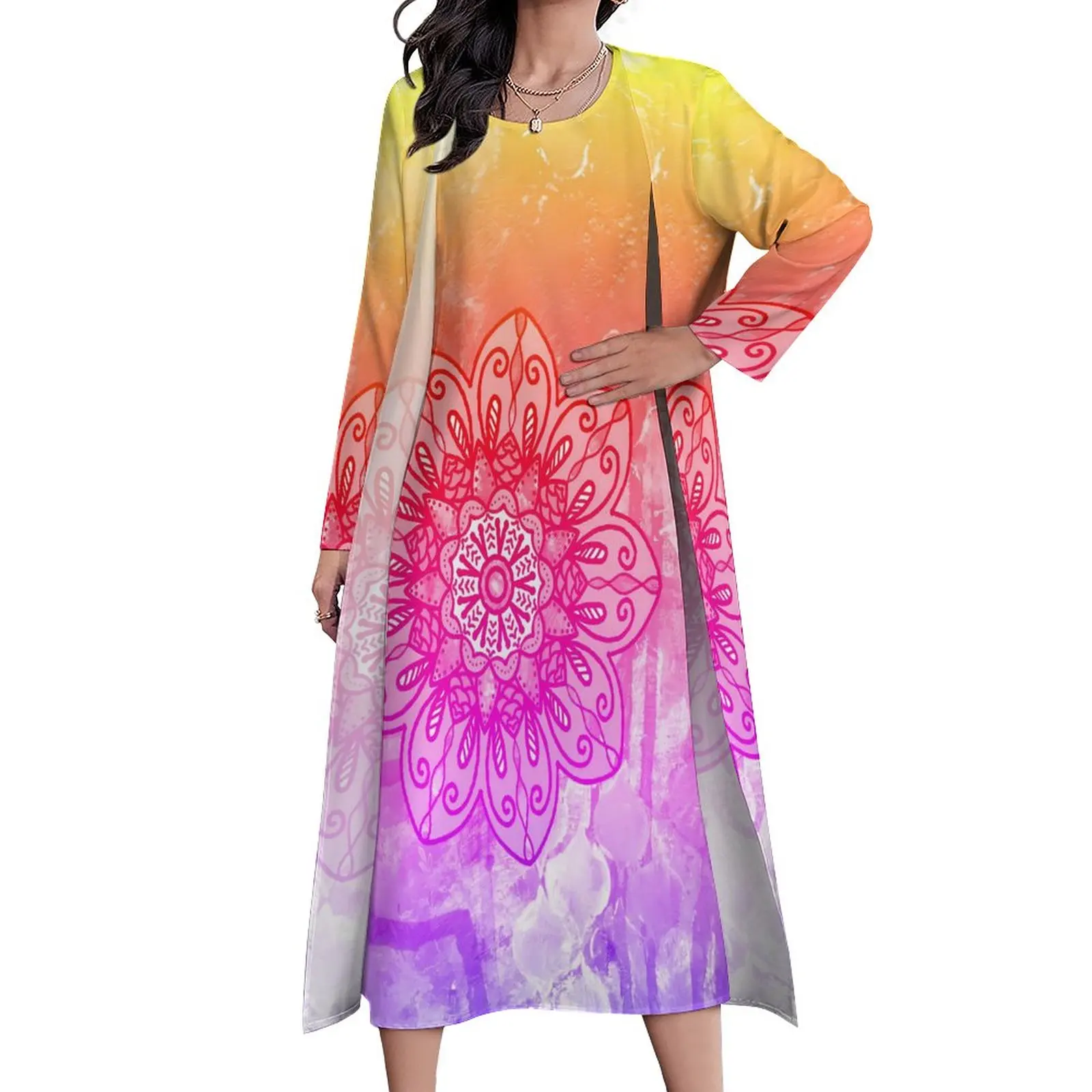 

Женское винтажное платье-макси с принтом радуги и мандалы