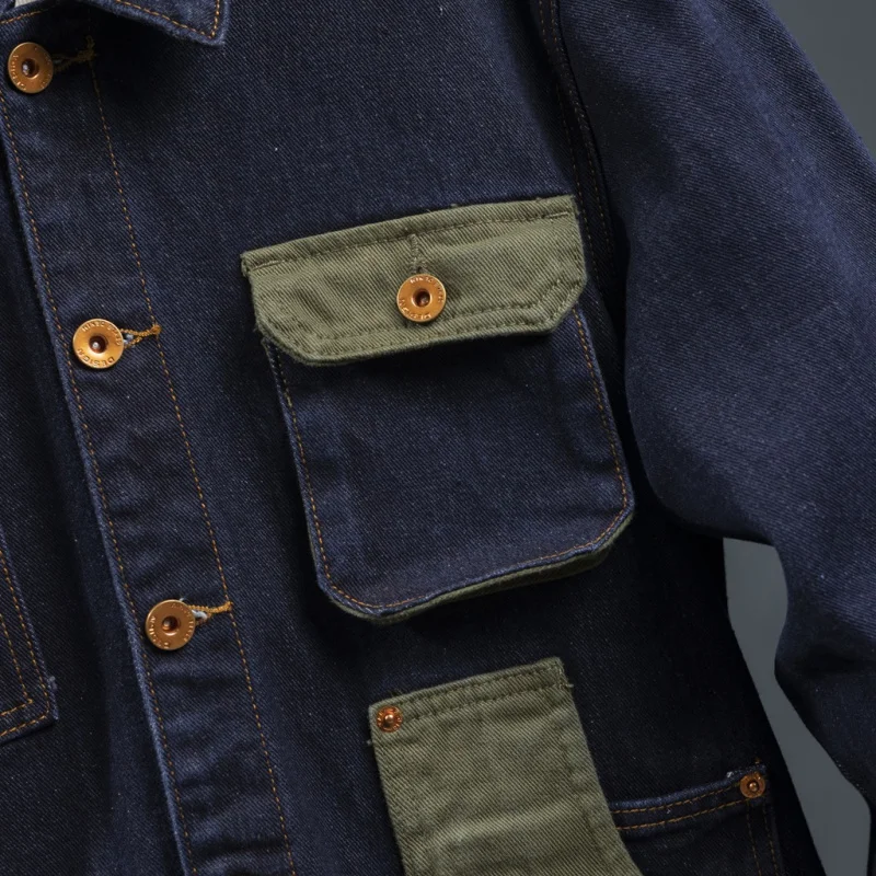 Мужское джинсовое пальто контрастного цвета с вышивкой 2024 рабочая одежда в