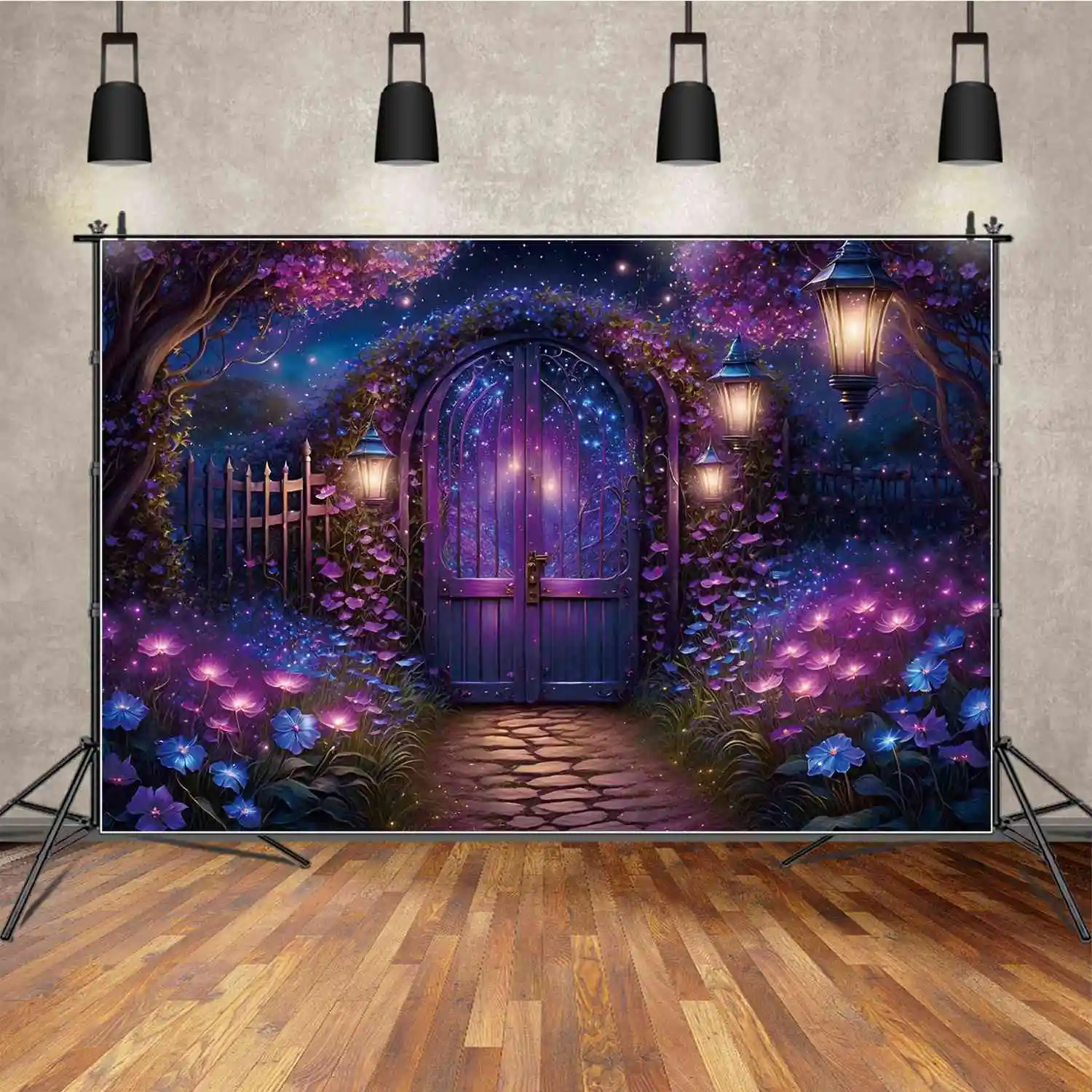 

MOON.QG Backdrop Girls Fairy Birthday Party Decoration Background Custom Children Purple Blue Flower Arch Door Shooting Props