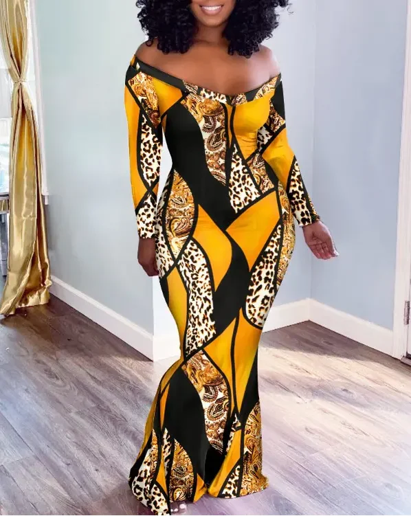 

2022 spring new fashion women Leopard Baroque Print Off Shoulder Mermaid Dress