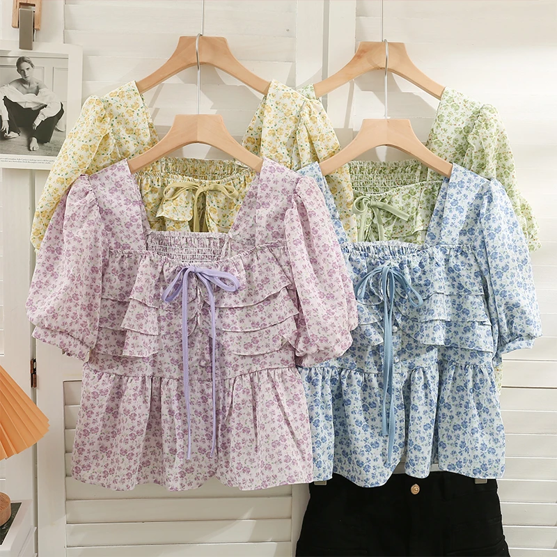

Floral Print Blouses Korean Fashion Sexy Blouse Puff Sleeve Blusas Pleated Butterfly Square Collar Sweet Vintage Women Tops