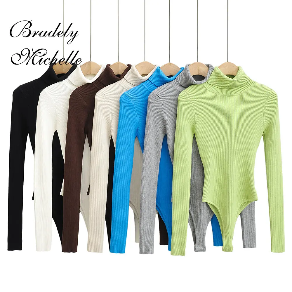 

2022 New Casual Fashion Women's Clothing Long-sleeved Solid Color Pullover Threaded Turtleneck Knitted Jumpsuit Top