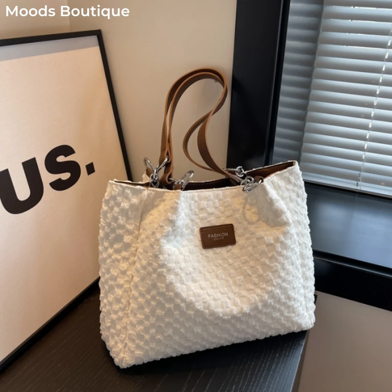 

MOODS Cotton Fabric Shoulder Tote Bags For Women Plaid Ruched Large Capacity Shopping Totes 2023 Latest Trends Handbags Female