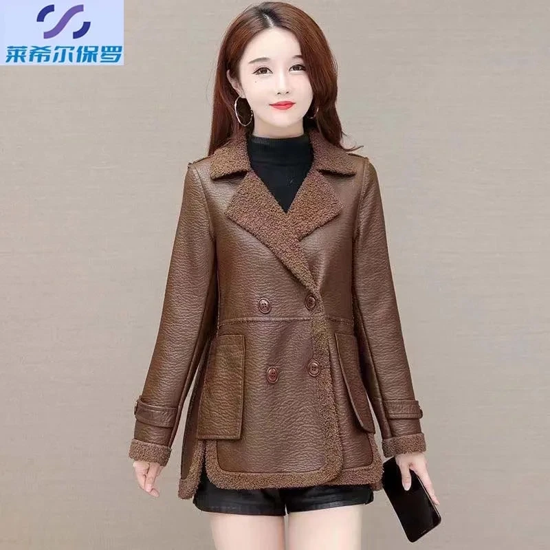 Осенне-зимнее женское бархатное теплое кожаное пальто свободное однотонная