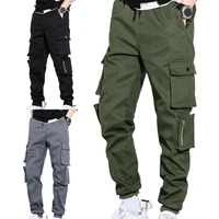 men pants solid color multi pockets drawstring elastic waist autumn trousers for school
