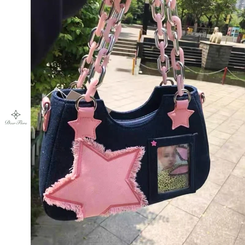 

Y2K Vintage Korean Shoulder Underarm Fashion Japanese Harajuku Star Tote Denim Bag Women Chain Bag Zip Purses Messenger Handbags