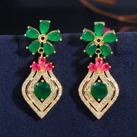 elegant white gold color cubic zirconia green stone dangling flower drop earrings jewelry for women
