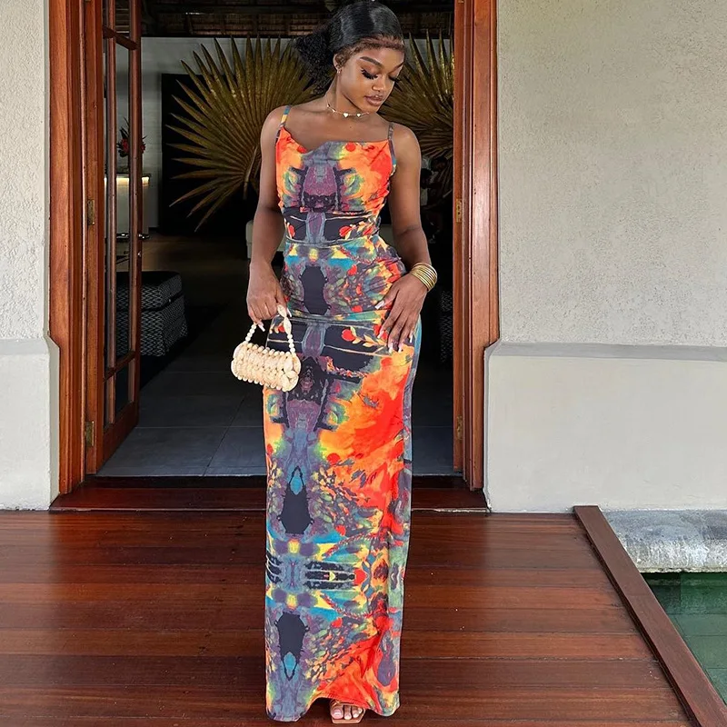 

Summer Cover Ups Women Swimsuit Spaghetti Strap Sleeveless Robes Bathing Suit New Print Beach Holiday Maxi Dresses Cover-Up