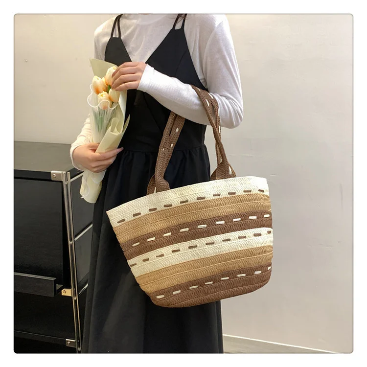 

Summer Straw Weave Beach Tote Bag Line Design Larger Capacity Ladies Handbag Contrast Color Women Shoulder Bag Shopping Bag