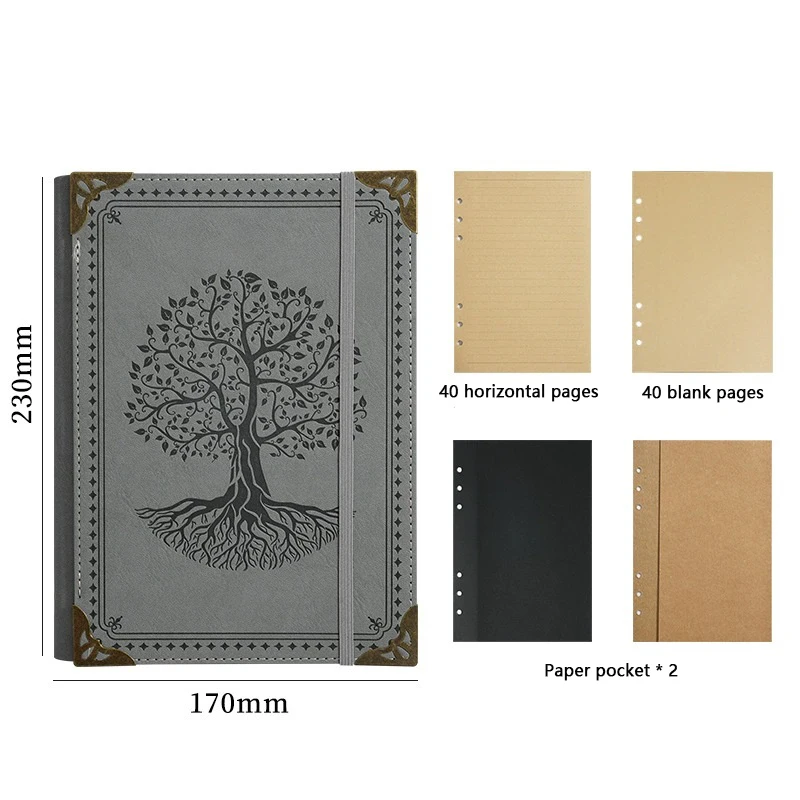 

Блокнот А5 (Древо жизни) кожаный утолщенный рабочий блокнот с отрывными листами, студенческий переплет, дневник, с внутренними страницами из 80% крафт-бумаги