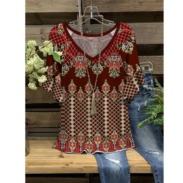 

Tops Women 3D Printed T-Shirt Loose Ruffle Ethnic Style Pattern Printed V-Neck Short Sleeve Casual T-Shirt Summer Streetwear
