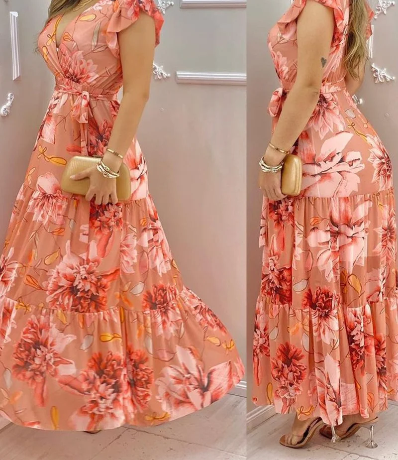 

Ruffle for Women's Slim V-neck Sleeve Floral Print Dress Chiffon Long Dress