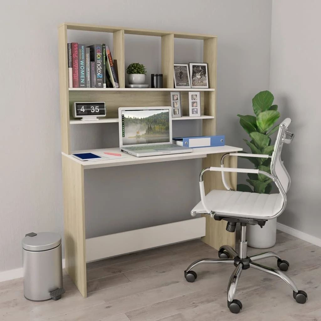 

Desk with Shelves White and Sonoma Oak 43.3"x17.7"x61.8" Chipboard