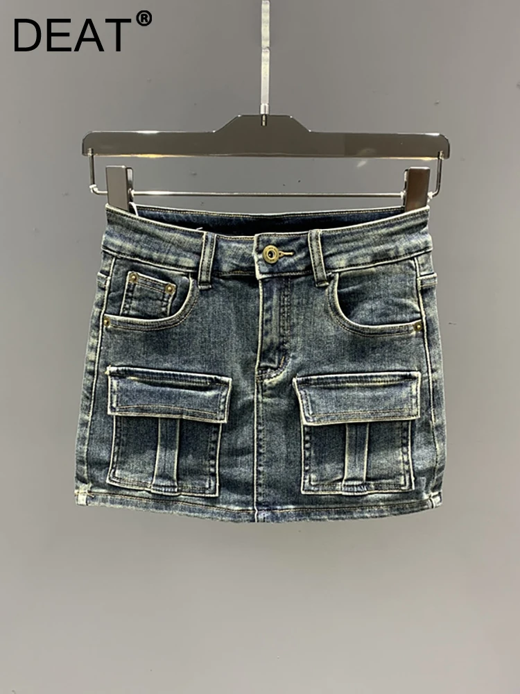 

DEAT Women's Denim Skirt Do Old Wash Retro Blue Multiple Pockets Cargo Short A-line Mini Skirt 2023 Summer New Fashion 29L2638
