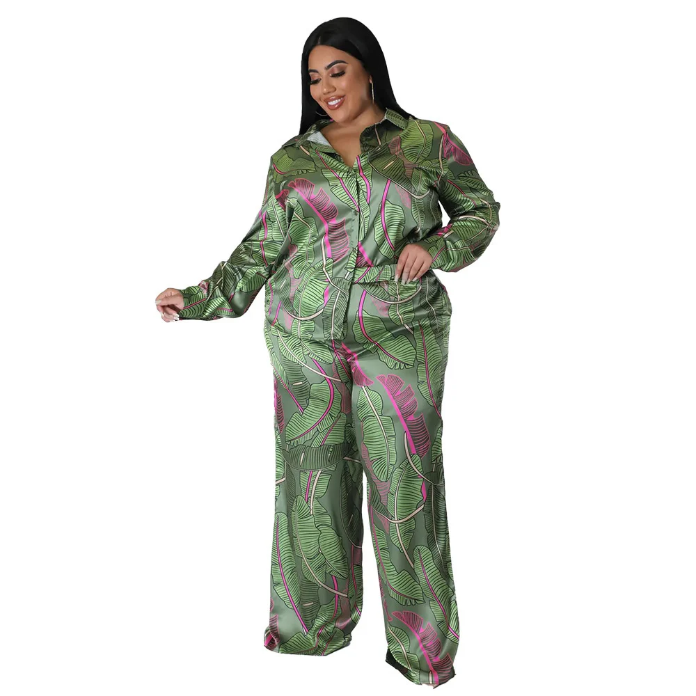Two-piece Sets Plus Size Women Printed Cardigan Long-sleeved Tops Loose Pants Suit Fashion Print Casual Outfit Large Size Female