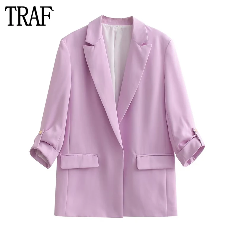 

TRAF Violet Long Blazer Women Straight Basics Blazer Woman Turn Up Sleeve Jacket Women Streetwear Summer Blazers for Women 2023