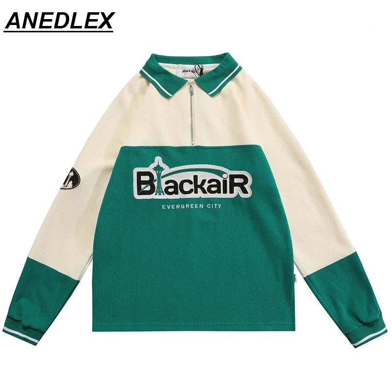 

2022 Men Spring New Polo Collar Long-Sleeved Pullover Fashion Harajuku Contrast Color Retro Half Zipper Cotton Sweater Unisex