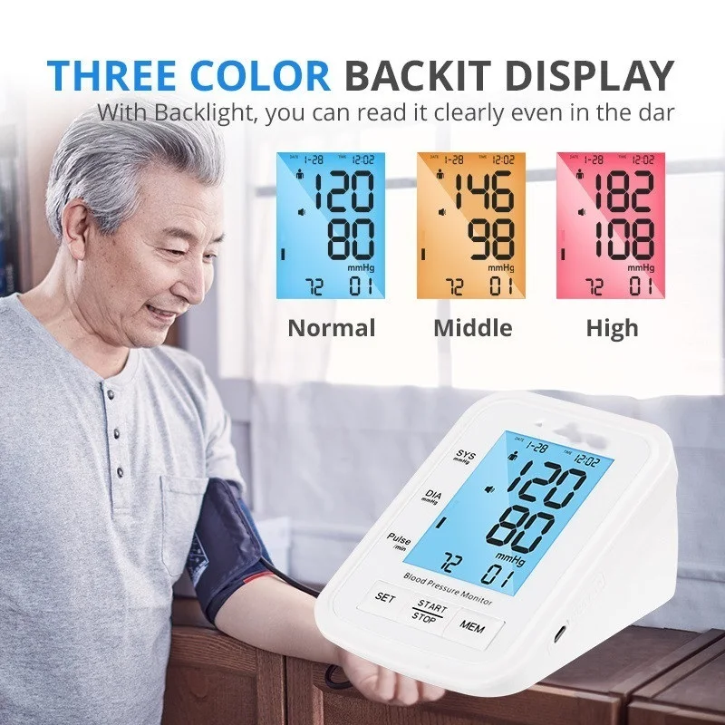 

2022 Blood Pressure Monitor Tensiometer Upper Arm Automatic Digital BP Machine Pulse Heart Rate Meter 3 Color LCD Display