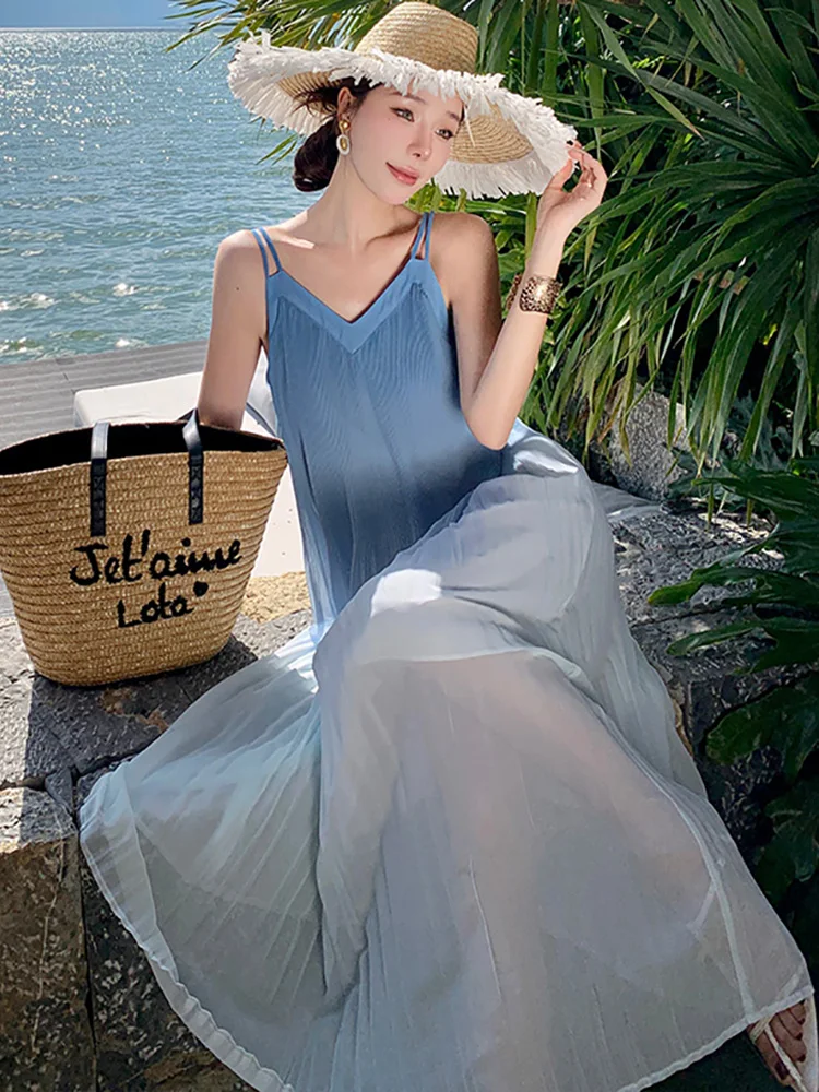 Женское шифоновое платье на бретельках Голубое Длинное Элегантное повседневное