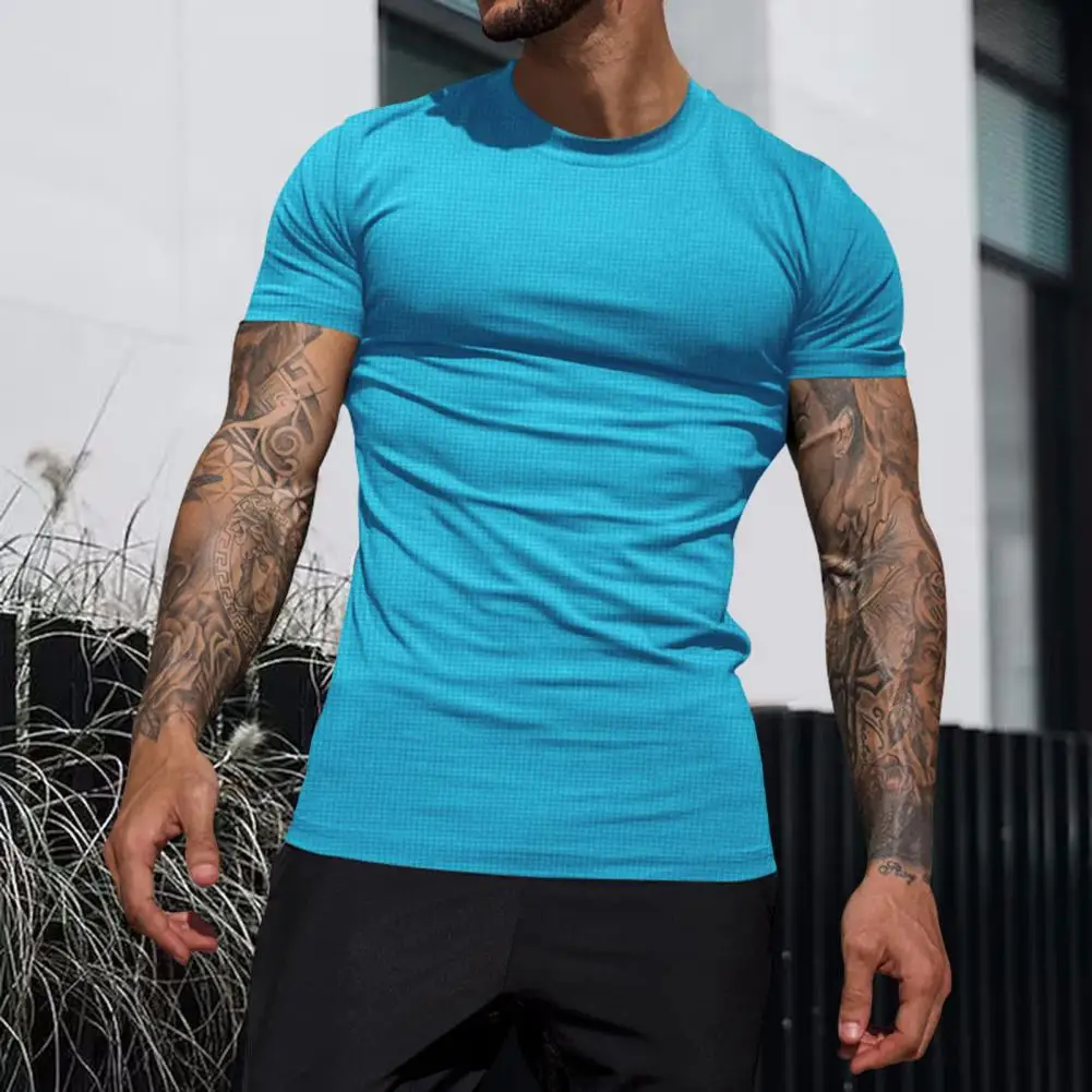 

Men Sport T-shirt Slim Fit Round Neck Short Sleeves Solid Color Thin Elastic Quick Dry Male Workout Jogging Top