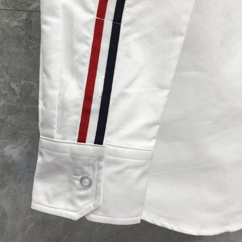 TB THOM Men's Shirt Clothing Solid White Top Fashion Designs Striped Arms Slim Casual Oxford Cotton Long Sleeve Women's Shirts