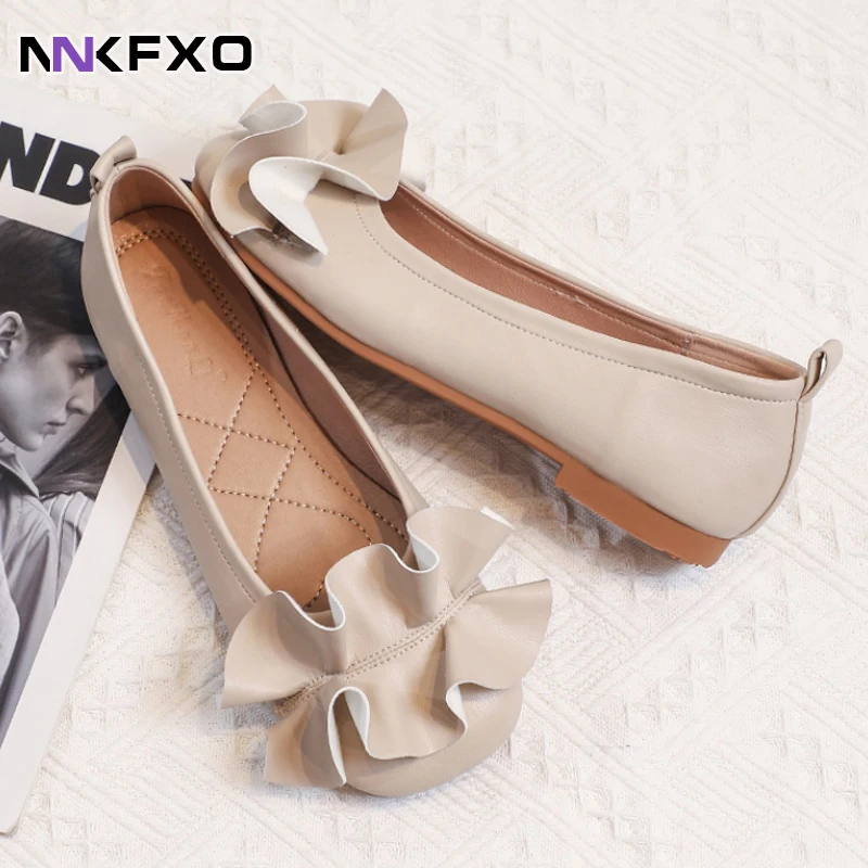 

Балетки женские с оборками, винтажные шикарные модные дизайнерские туфли на плоской подошве, повседневные Мягкие кожаные лоферы, персиковы...