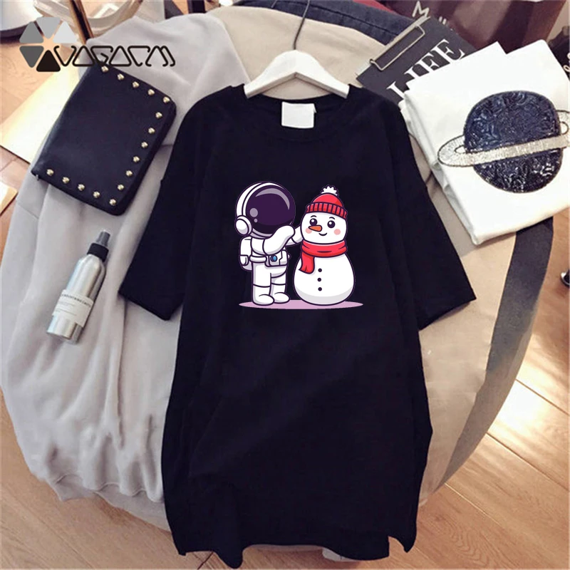 

Astronaut T-Shirt Dress Kawaii Cartoon Print Short Sleeve Casual Harajuku Womens Dresses Black White Streetwear Summer Clothes