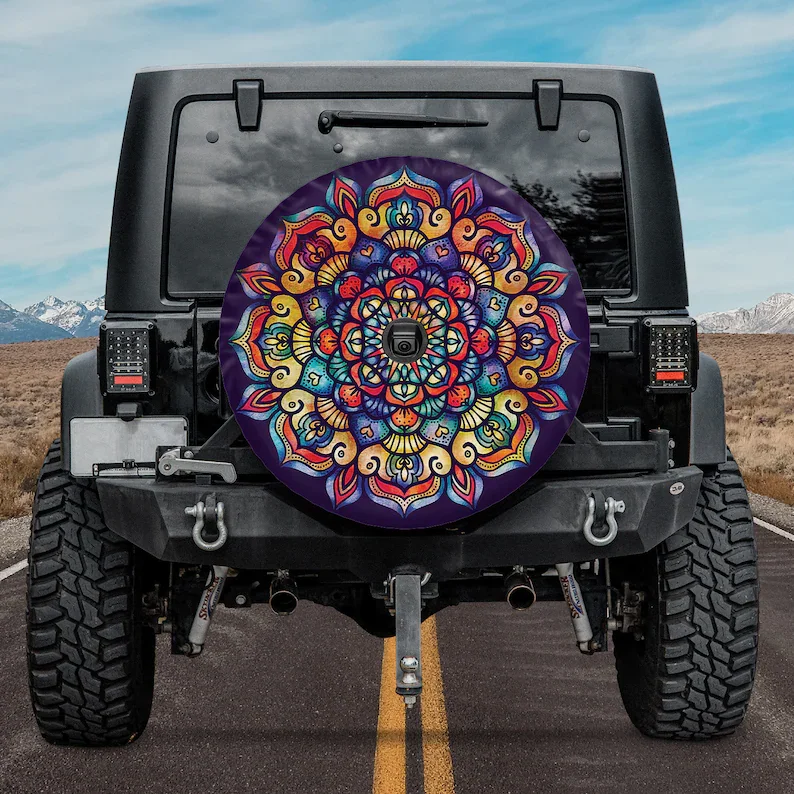 

Spare Tire Cover Camper With Or Without Backup Camera Hole, Colorful Sunflower Mandala Spare Tire Cover For AWrangler, CRV